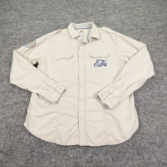 Ed Hardy Shirt Mens Large Beige Tattoo Graphic Love Kills Slowly Western Style - Picture 2 of 15